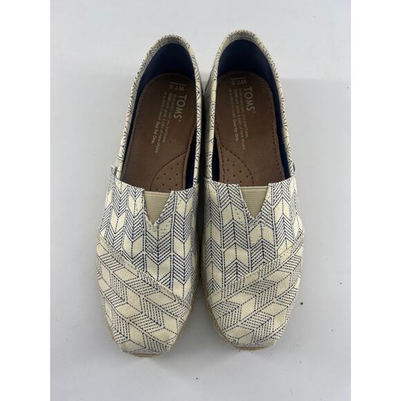 Toms Whisper Canvas Shoes Womens Size 7.5 Cream Blue Flat Geometric Slip On Box - Picture 5 of 8